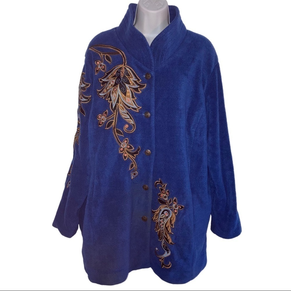Bob Mackie Wearable Art Embroidery Fleece Fleece Jacket 1X Blue Gold Women Plus